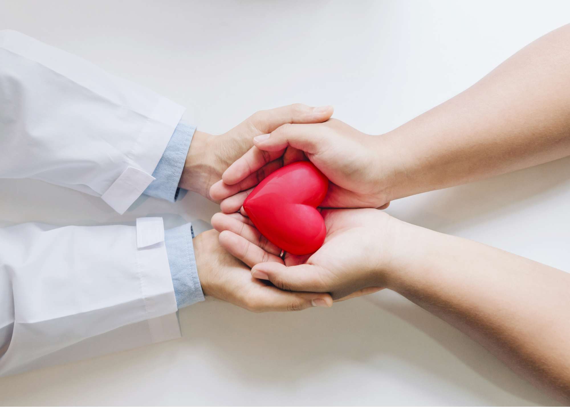 Two pairs of hands, one wearing a white coat, gently cradle a red heart, representing care and compassion in healthcare.