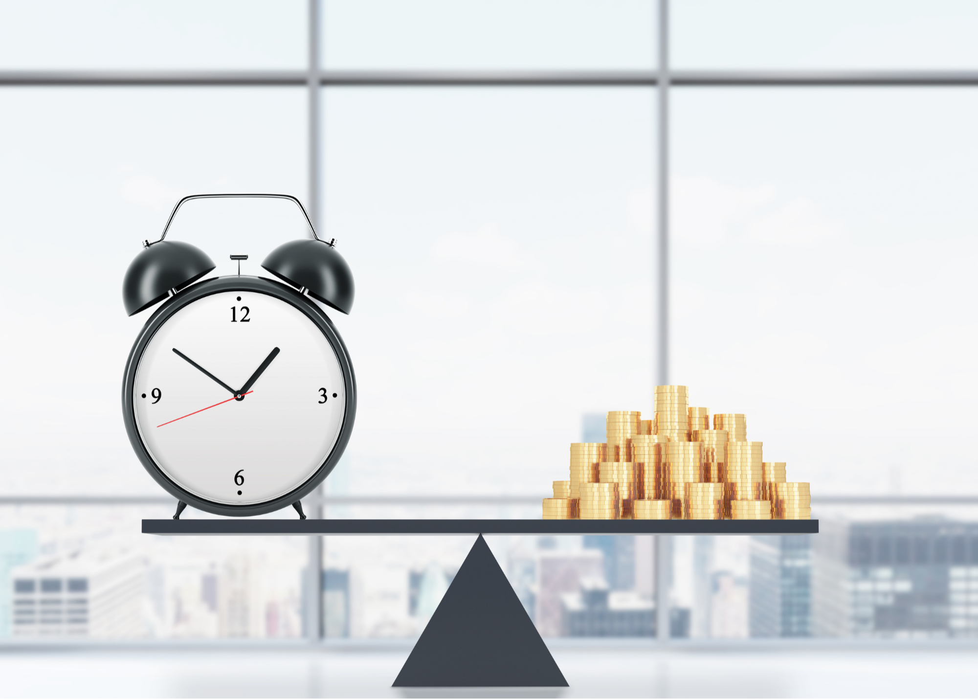 A conceptual image of a classic alarm clock and a pile of coins balanced on a scale, symbolizing the balance between time and money.